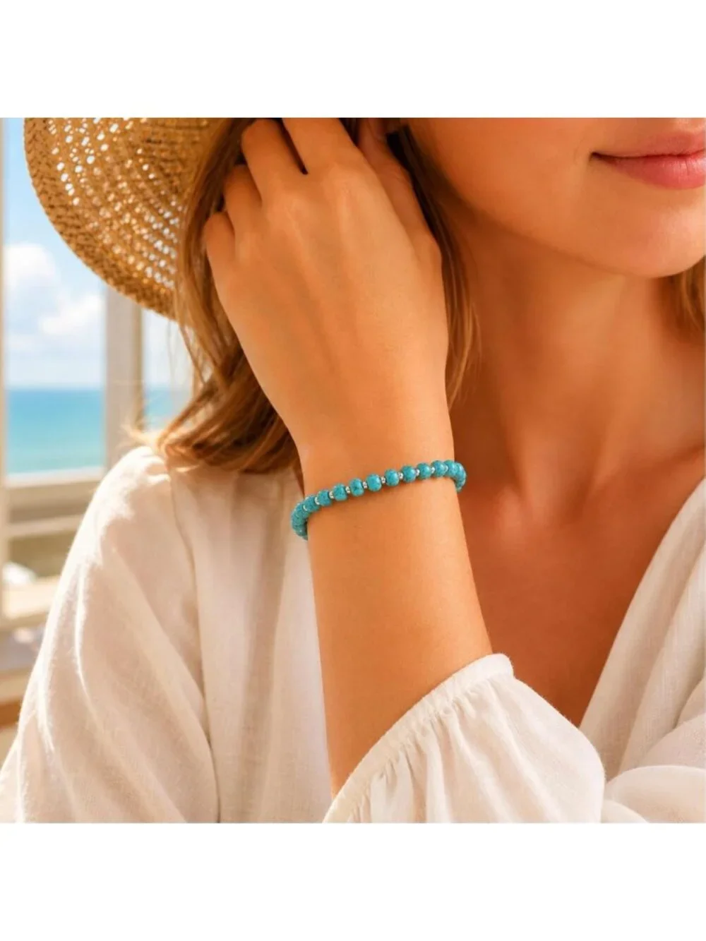 Genuine Turquoise 925 Sterling Silver Rosary Beaded Bracelet - Minimalist Summer